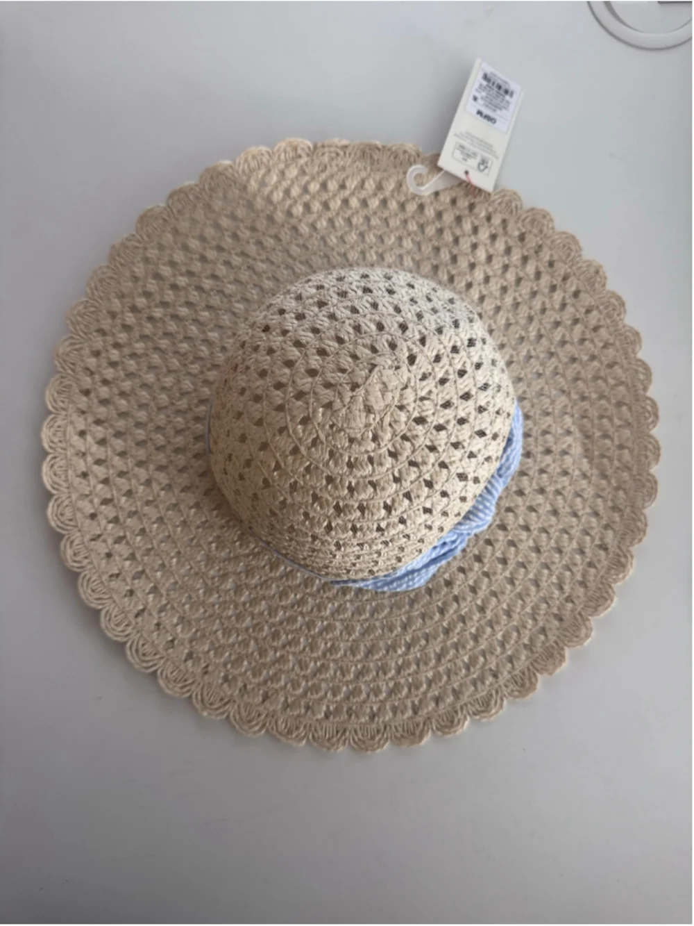 Girl's Beige Straw Hat with Blue Stripe Bow, One Size